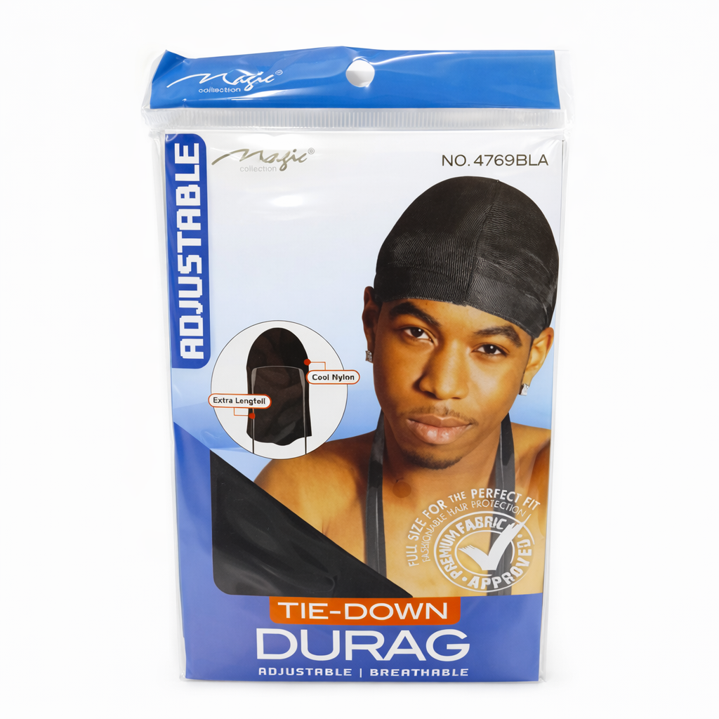Magic Collection Adjustable Tie-Down Durag – Svart Nylon, Andningsbar & Extra Längd