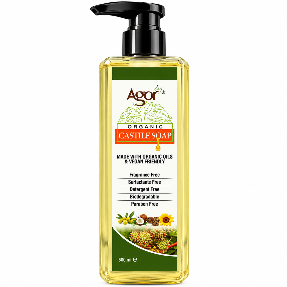 Agor Organic Castile Soap – Vegan & Fragrance Free – 500 ml
