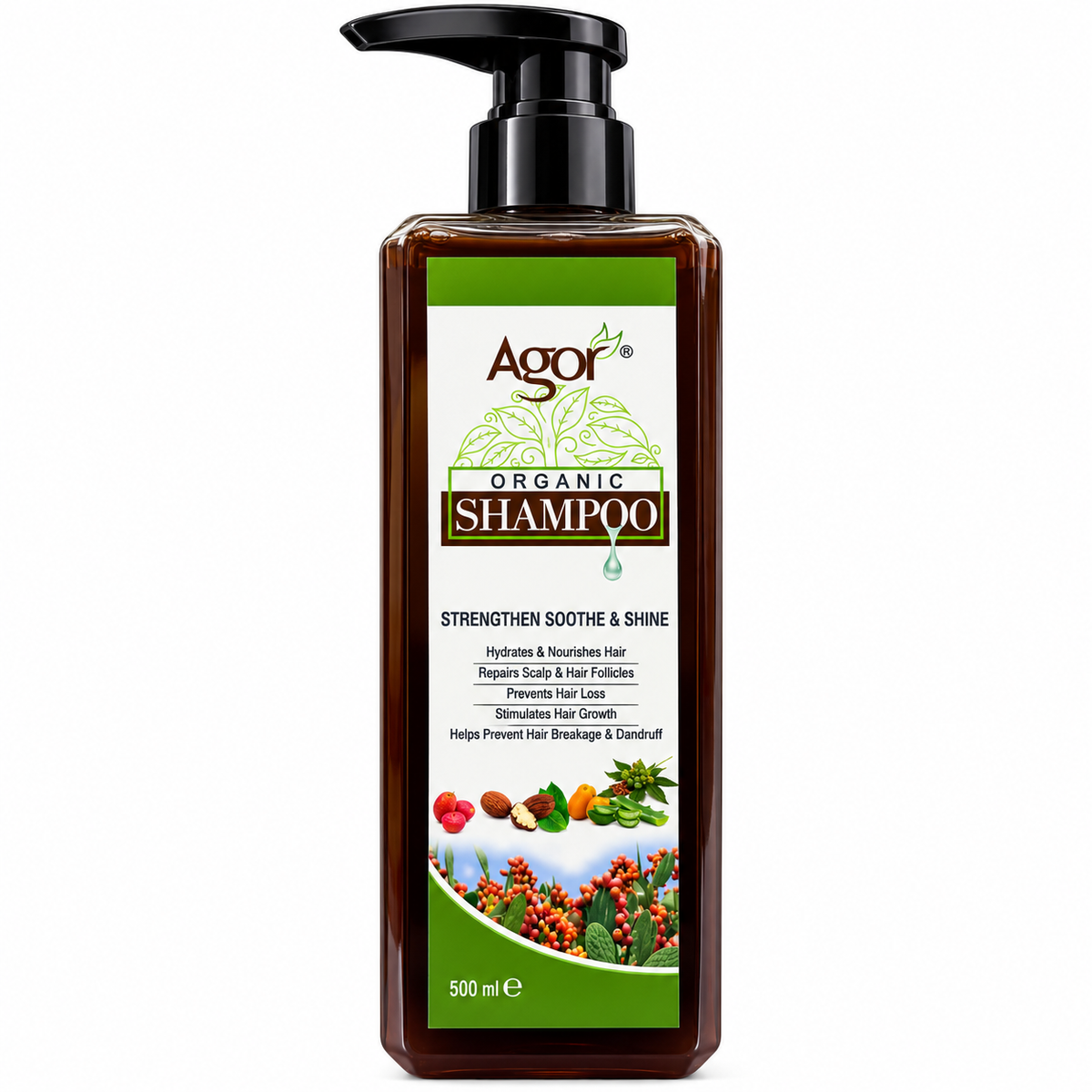 Agor Organic Shampoo – Strengthen Soothe & Shine – 500 ml